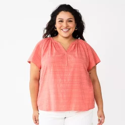 Plus Size Sonoma Goods For Life® Flutter Sleeve Y-Neck Top -Sonoma Clothing Store 5929300 Coral
