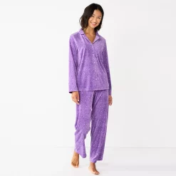 Women's Sonoma Goods For Life® Velour Pajama Shirt & Pajama Pants Sleep Set -Sonoma Clothing Store 6076017 Lilac Happy Dots