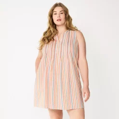 Plus Size Sonoma Goods For Life® Sleeveless Pintuck Tank Dress -Sonoma Clothing Store 6193865 Beige Multi Stripe